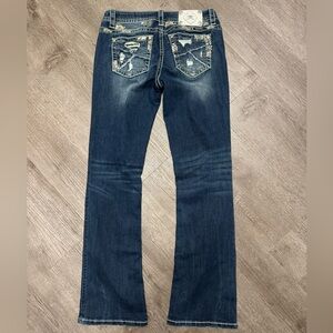 Miss Me Dark Blue Boot Cut Jeans with Distressed Details